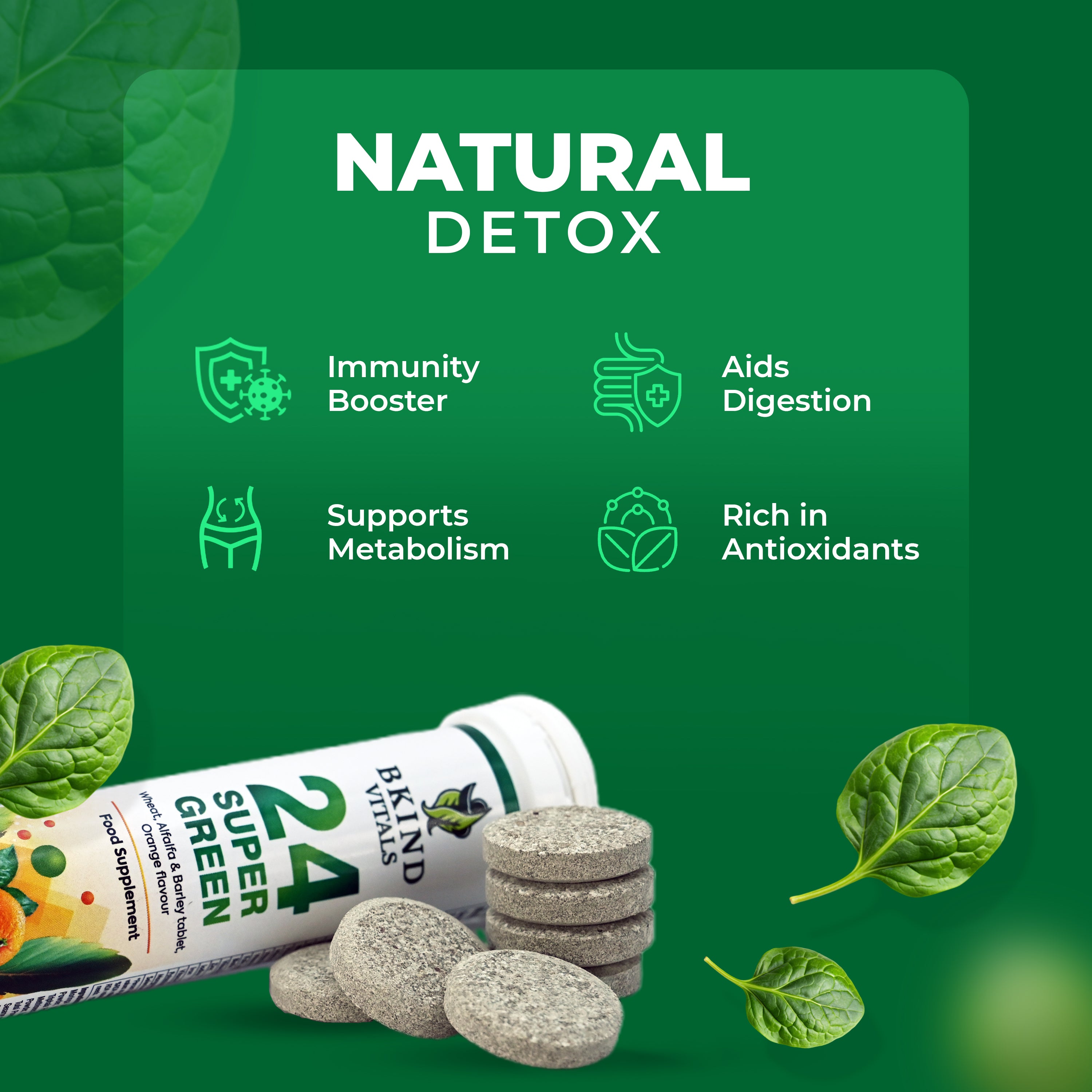 Bkind Vitals 24 Super Greens Effervescent Tablets – Detox & Immunity Booster with Wheatgrass, Spirulina & More