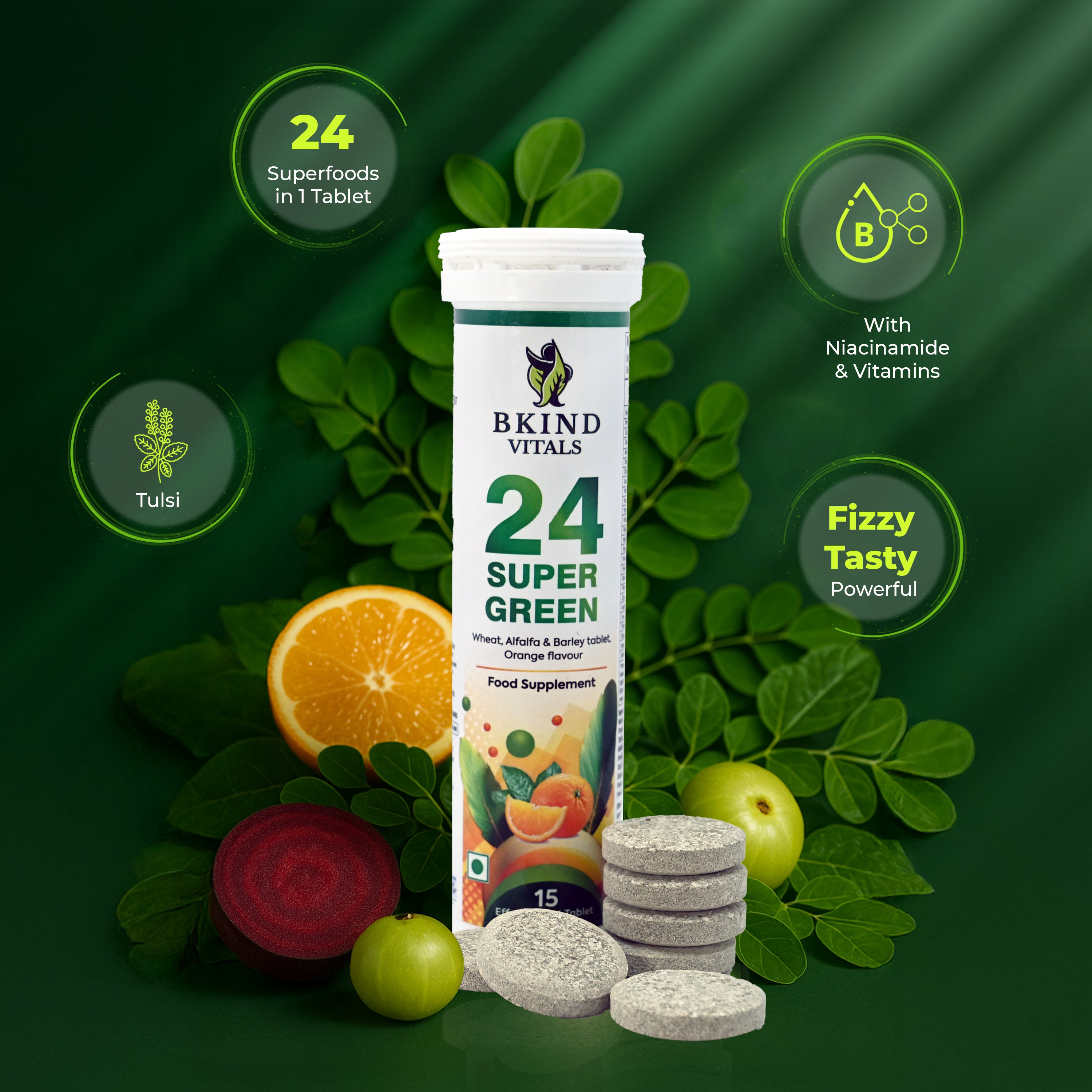 Bkind Vitals 24 Super Greens Effervescent Tablets – Detox & Immunity Booster with Wheatgrass, Spirulina & More