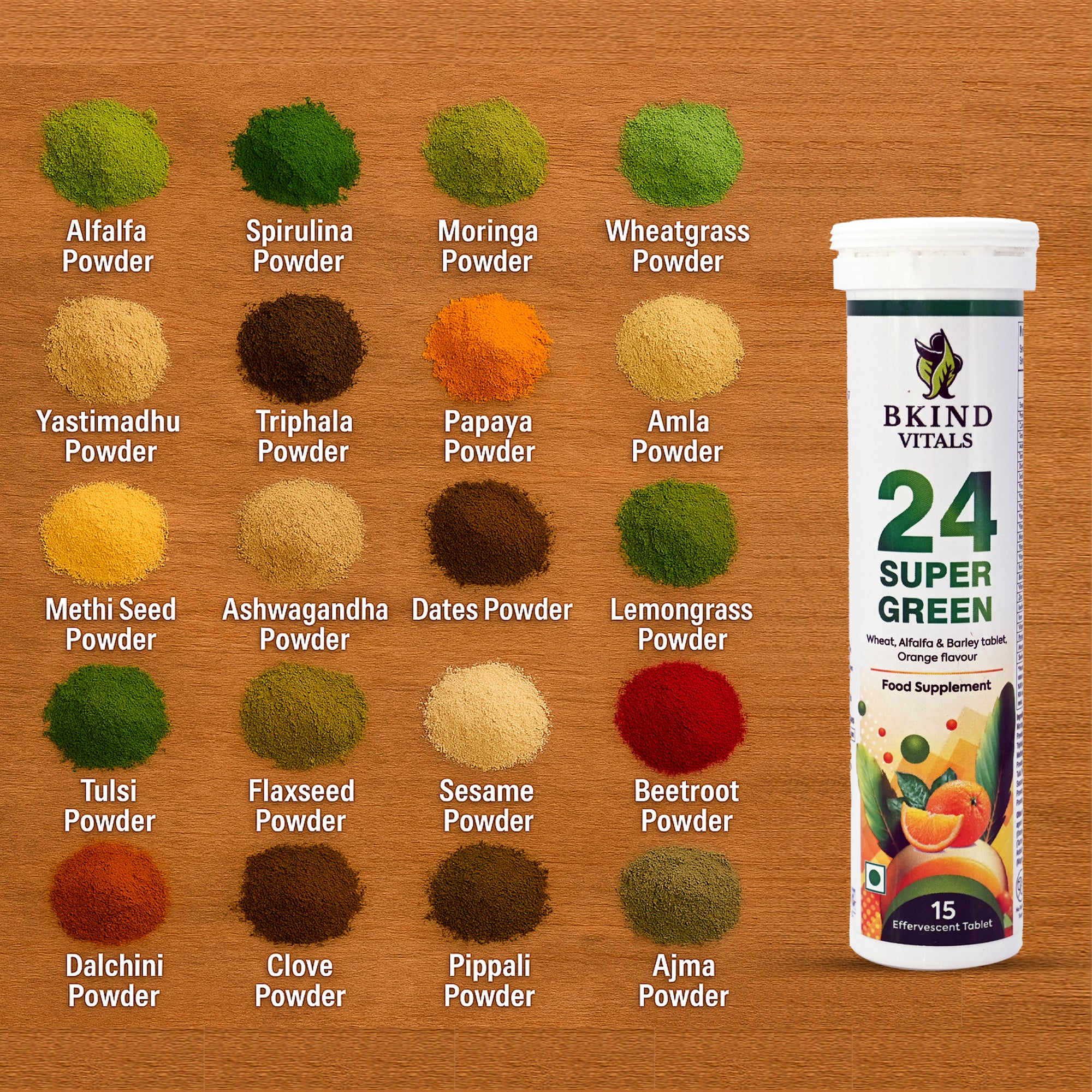 Bkind Vitals 24 Super Greens Effervescent Tablets – Detox & Immunity Booster with Wheatgrass, Spirulina & More