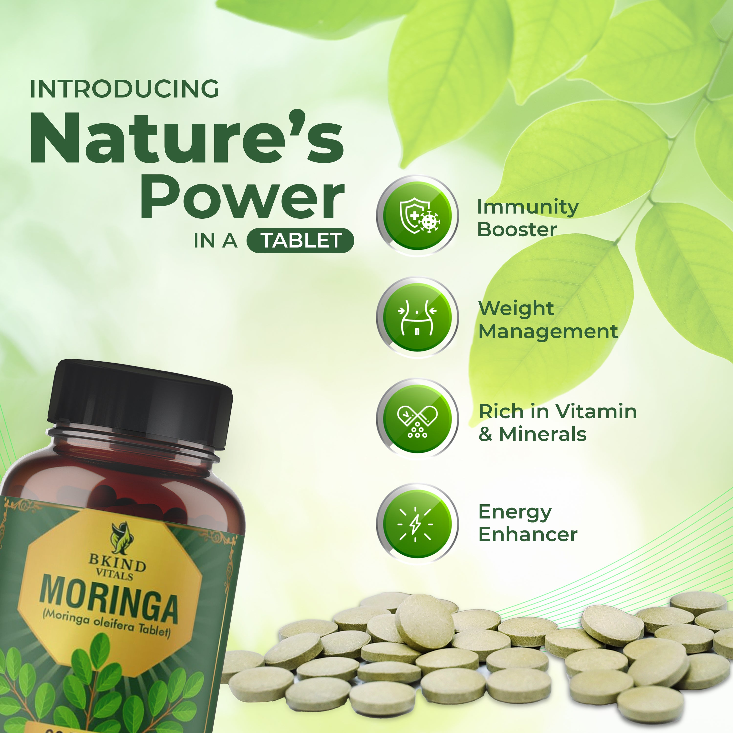 Bkind Vitals Moringa Tablets – Natural Multivitamin from Moringa Oleifera (60 Tablets)