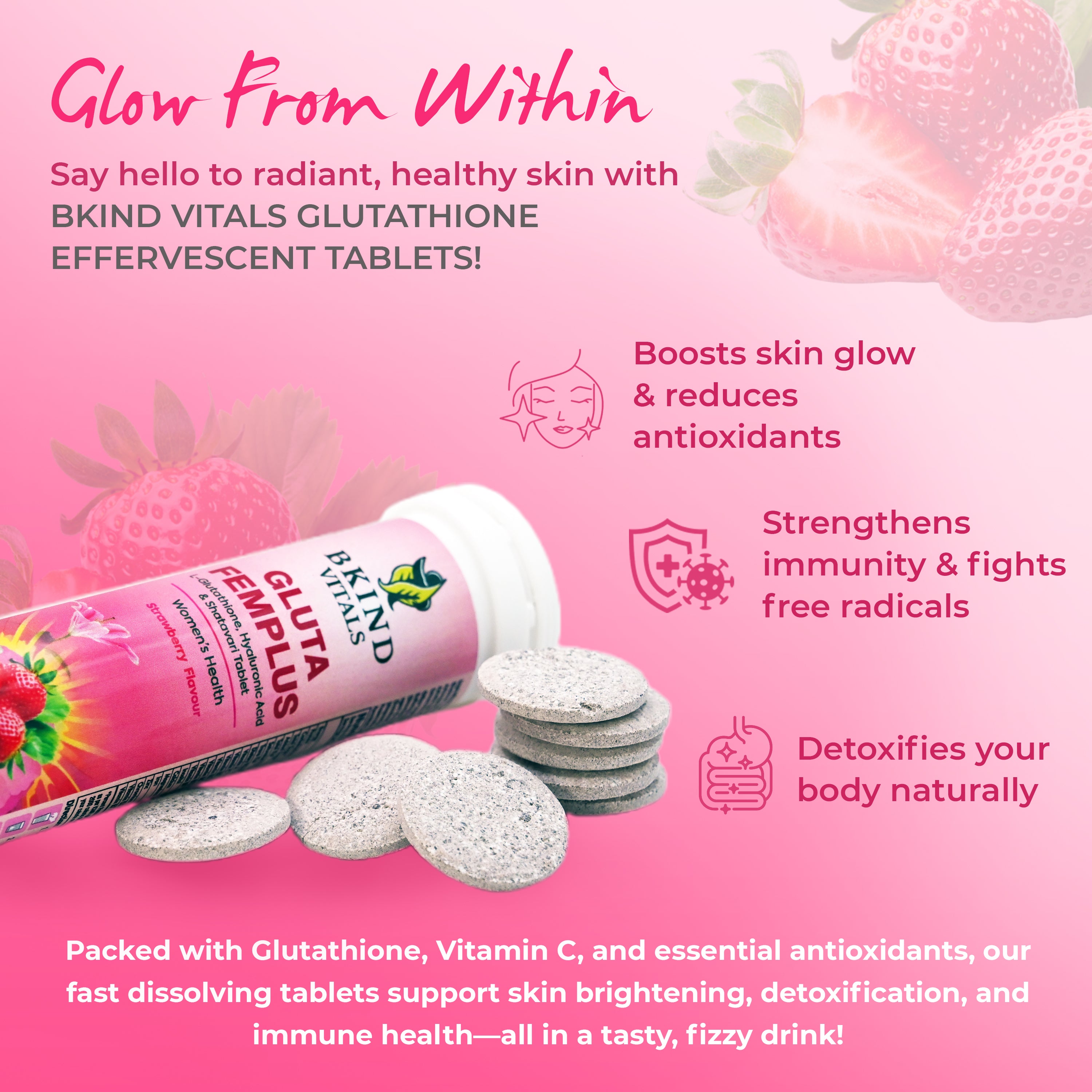 Bkind Vitals Gluta FemPlus Effervescent Tablets – Skin Brightening & Hormonal Balance for Women